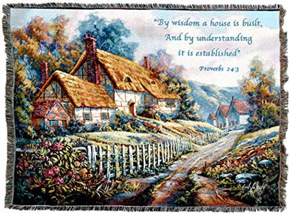 Pure Country Weavers Clospie Village Garden Blanket - Scriptures - Proverbs 24:3 - Religious Gift Tapestry Throw Woven from Cotton - Made in the USA (72x54) - color: Proverbs 24:3, size: 72" x 54"