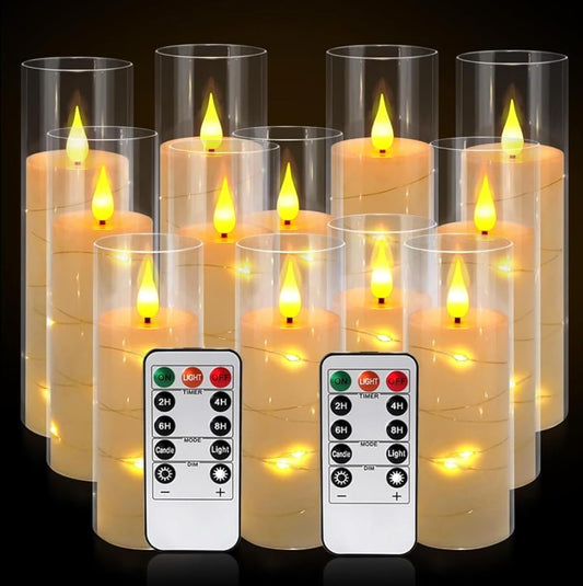 12-Pack Ivory Flameless LED Pillar Candles with Starry String Lights, Realistic Flickering Remote Control Candles with Timer, Safe Warm Glow for Bedroom Wedding Mantle Cozy Home Decor - color: 24-Ivory Acrylic