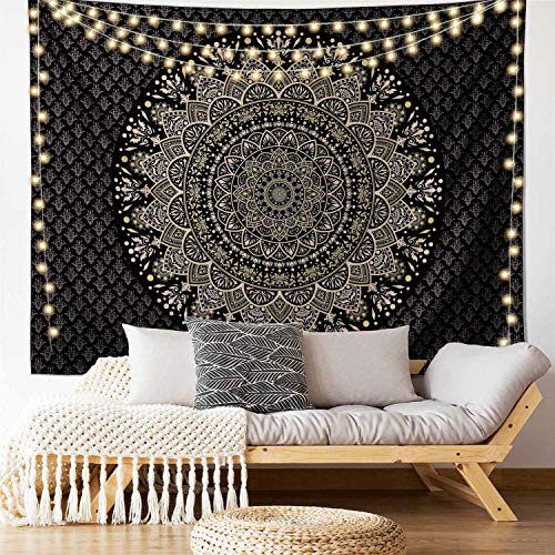 Edeesky Black Golden Mandala Tapestry Wall Hanging Psychedelic Medallion Wall Tapestry Aesthetic Indian Hippie Decor Bohemian Art Boho Home Decoration for Bedroom,Living Room,Dorm - color: Black and Gold Mandala Tapestry, size: 59"L x 51"W