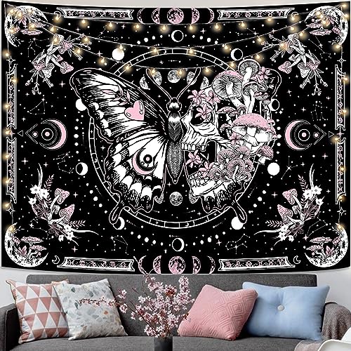 Fungarth Skeleton Butterfly Tapestry Pink Skull Hippie Mushroom Plants Tapestry for Bedroom Moon phase Aesthetic Tapestries Wall Hanging for Living Room Dorm (Pink, 48” x 36”) - color: Pink, size: 48"L x 36"W