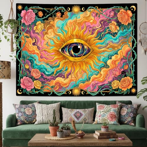 Lifeel Boho Eye Tapestry, Hippie Mystical Colorful Celestial Vine Flower Art for Living Room Bedroom Dorm Decor, 36x48 inches - color: Colorful, size: 48"L x 36"W