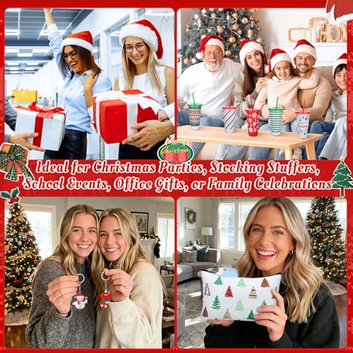 Funnymoom 24 Pcs Christmas Gifts Set Include 24 oz Merry Christmas Plastic Tumbler Cup with Lids and Straw Makeup Cosmetic Bag Crew Santa Sock Keychain for Xmas Party Favor Winter Friendmas Gifts - style: Pine and Berry