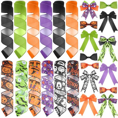 12 Rolls 60 Yard Halloween Wired Ribbon for Wreath Craft Bow - style: Ghost
