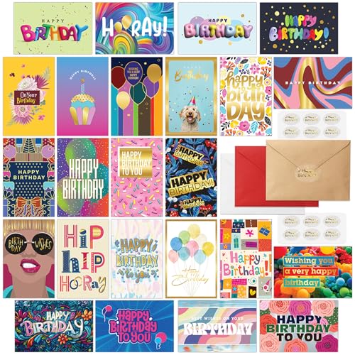 easykart labels 24 Unique Birthday Cards Assortment with Greetings Inside. For Businesses and Individuals, 6.75x4.5 Inch Assorted Foiling Cards with Envelope with Sealing Stickers