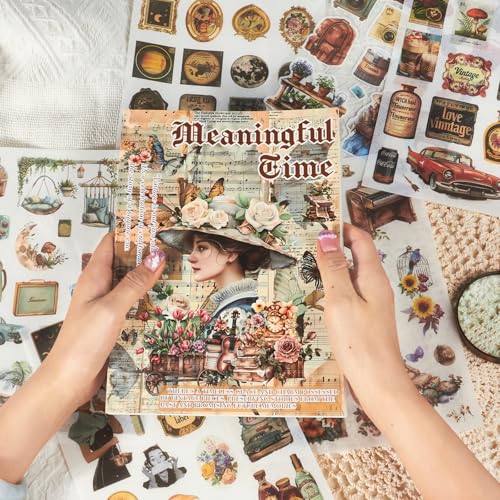 Large 24 Sheets Pre-Cut Journal Sticker Book for Junk Journal Supplies, 452pcs Vintage Washi Stickers for Journaling, Scrapbooking, Collage Materials, Bujo, Planners, Art Crafts - color: Retro Time