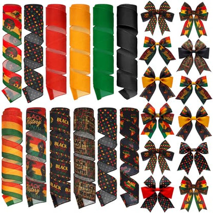 12 Rolls Black History Month Ribbons 2 Inch x 60 Yards Wired Edge Fabric Ribbons Craft Black History Month Themed Pattern Wrapping Crafts for DIY Gift Hair Bows Sewing Wreath 12 Styles - style: Black History