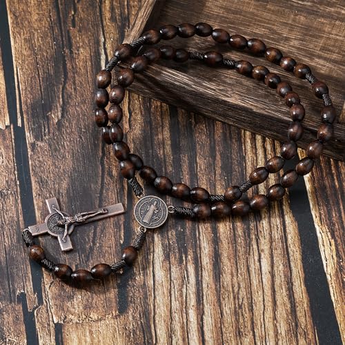 HANRESHE Wooden Beads Rosary Necklace Wooden Crosses Pendant Catholic Rosary Necklace for Men with St.Michael - color: brown