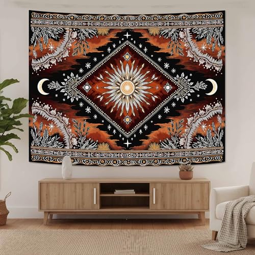 Accnicc Hippie Sun and Moon Tapestry Boho Mandala Floral Wall Tapestry for Bedroom Aesthetic Vintage Plant Celestial Dark Brown Small Tapestries Wall Hanging for Dorm Living Room Decor 48 x 36 Inch - color: Dark Brown, size: 48"L x 36"W