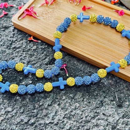 Baseball Bead Cross Necklace for Boys Kids, Elastic Rhinestone Bling Necklace Drip Gifts for Teens Players - color: Blue Cross/Teal Blue/Yellow