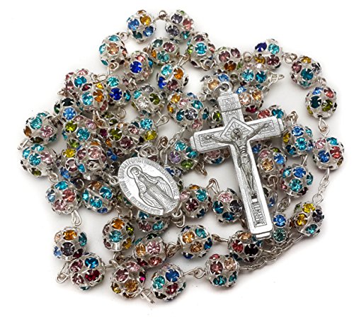 Nazareth Store Colorful Zirconia Crystal Beads Rosary Silver Catholic Necklace with Miraculous Medal Cross Crucifix Multicolor Rosaries in Velvet Bag - color: multicolor