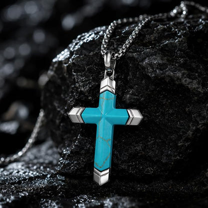 Lapis Lazuli/Amethyst Cross Necklace for Men Waterproof and Sweat-Resistant Suitable for both men and women With Adjustable Box Chain Christian Jewelry Father Day Gifts for Men - color: Sky Blue&Silver