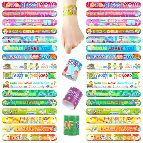 POPLAY 48 PCS Christian Slap Bracelets Bulk, Bible Verses Snap Wristbands - size: 8.6 inches