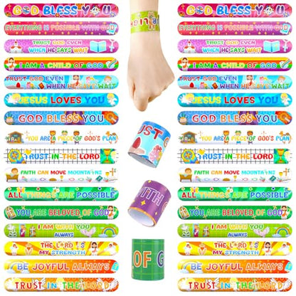 POPLAY 48 PCS Christian Slap Bracelets Bulk, Bible Verses Snap Wristbands - size: 8.6 inches