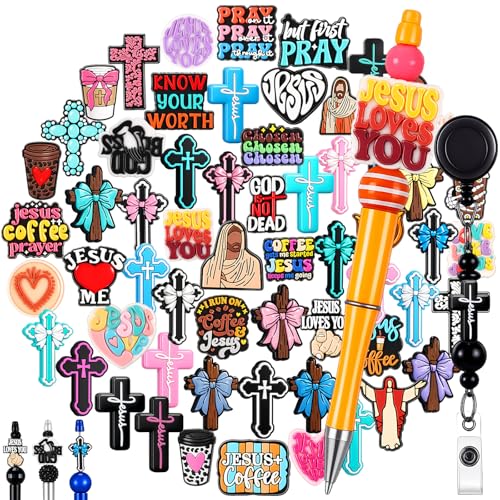 Tondiamo 60 Pcs Jesus Silicone Focal Beads for Pens Bulk Jesus Easter Beads for Beadable Pen Keychain Jewelry Bracelet Making DIY Crafts - style: Jesus