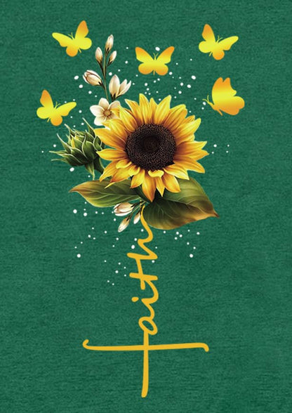 Womens Christian Shirts Faith Cross Sunflower Butterfly T-Shirt Bible Verse Religious Tee Tops - color: Green, size: XX-Large