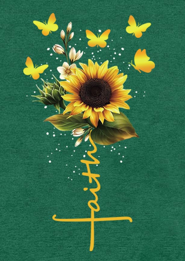 Womens Christian Shirts Faith Cross Sunflower Butterfly T-Shirt Bible Verse Religious Tee Tops - color: Green, size: Medium