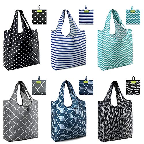 BeeGreen Grocery Bags | Reusable Gift Bags, Large Tote for Women & Foldable Beach Bag - 6 Pack Reusable Bag With Handles | Collapsible Cute Cloth Storage for Market, Holiday & Shopping | Washable - color: A-geometric-black Gray Purple Navy Teal Brown