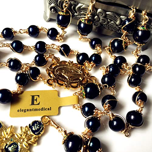 elegantmedical HANDMADE ROSARY Wire Wrapped AAA+ Black Real Pearl Bead Catholic Necklace jesus Cross Gift Box
