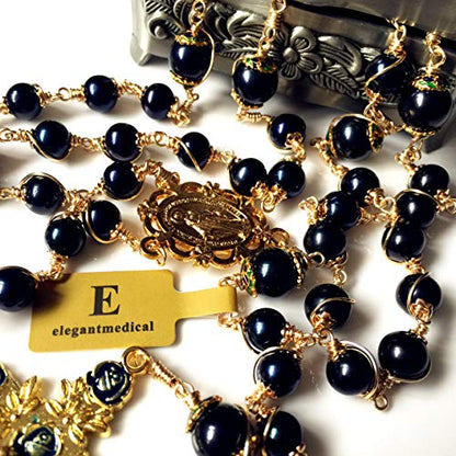 elegantmedical HANDMADE ROSARY Wire Wrapped AAA+ Black Real Pearl Bead Catholic Necklace jesus Cross Gift Box