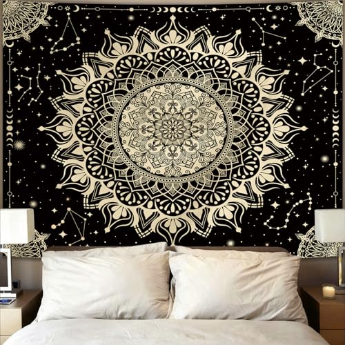Apdidl Boho Mandala Tapestry for Bedroom, Black Hippie Ceiling Tapestries - color: Black Gold Mandala Tapestry, size: 90"L x 71"W