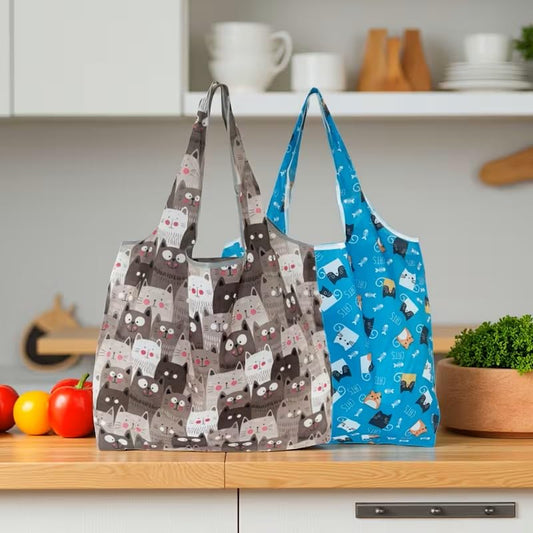 Casual Large Foldable Shopping Bag, Reusable Grocery Bags, Waterproof Portable Lightweight Tote Bag for Daily Use - color: Grey Cat+blue Cate, style: Fashion
