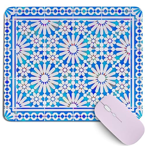 Vintage Blue and White Flowers Mouse Pad, Moroccan Islamic Style Symmetrical Aesthetic Plant Desk Pat for Computers Laptop,Retro Boho Floral Desk Mat for Office Home Dorm Decor,10.2x8.2Inch - color: Blue Geometry