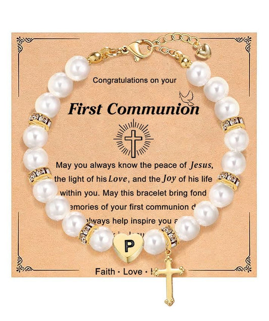 enasal First Communion Gifts for Girls Teens, Initial A-Z Cross Pearl Bracelet for Christian Catholic Daughter Goddaughter - color: Initial-P