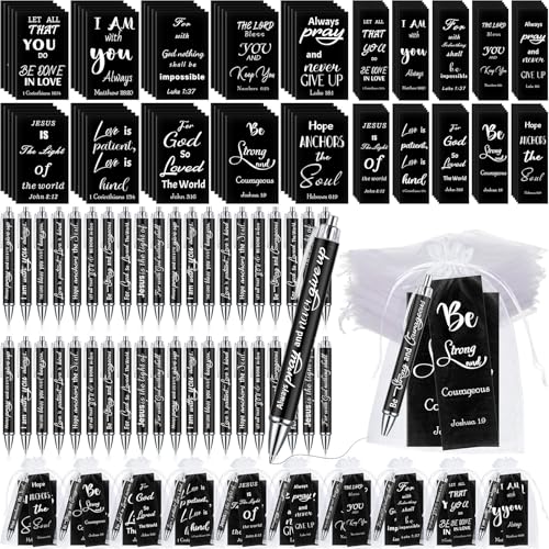 200 Pcs Christian Gift for Women Christian Accessories Include 50 Bible Verses Notebook 50 Church Bookmark 50 Ballpoint Pen Organza Bag Gift for Christmas Church Motivational (Black,White) - style: Black,White