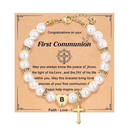 enasal First Communion Gifts for Girls Teens, Initial A-Z Cross Pearl Bracelet for Christian Catholic Daughter Goddaughter - color: Initial-B