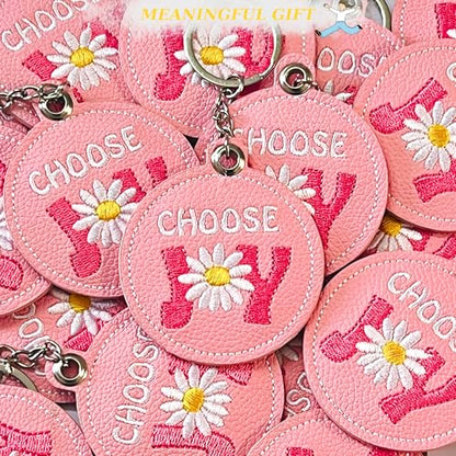 Handmade Jesus Keychain Pink PU Leather Embroidered Inspirational Quote Bag Charm, Christian Faith Keychain - color: Choose Joy