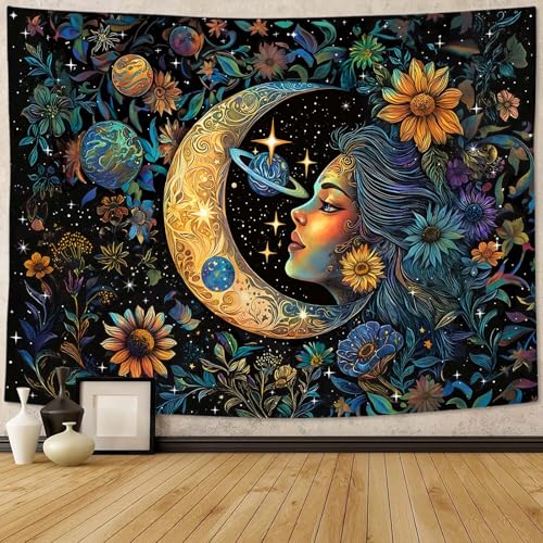 Accnicc Sun and Moon Tapestry for Bedroom Hippie Boho Floral Flower Plant Wall Tapestry Aesthetic Vintage Galaxy Celestial Star Spiritual Large Tapestries Wall Hanging for Living Room Dorm 80 x 60 Inch - color: Teal Gold, size: 80"L x 60"W