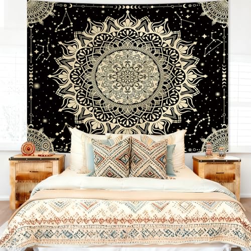 Apdidl Boho Mandala Tapestry for Bedroom, Black Hippie Ceiling Tapestries - color: Black Gold Mandala Tapestry, size: 79"L x 60"W