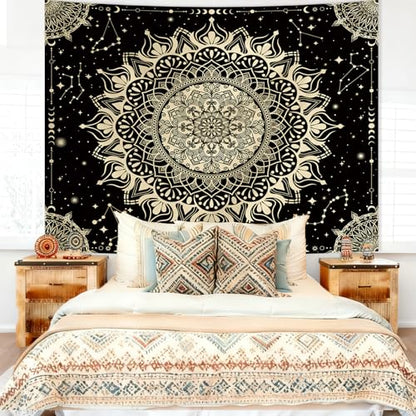 Apdidl Boho Mandala Tapestry for Bedroom, Black Hippie Ceiling Tapestries - color: Black Gold Mandala Tapestry, size: 79"L x 60"W