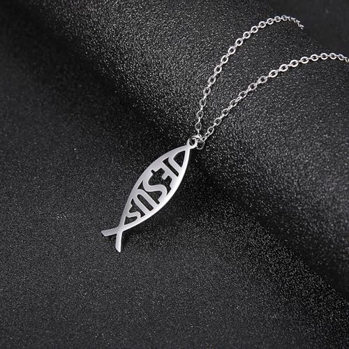 Ichthus Necklace for Women Christian Jesus Fish Necklace Christ Fish Cross Ichthys Pendant Necklace Ichthus Fish Religious Symbol Pendant Christian Jewelry Gift - color: silver