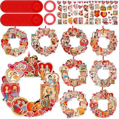 Hollowfly 48 Sets Vintage Valentine DIY Wreath Craft Kit for Kids Classroom - style: Vintage Valentine's Day