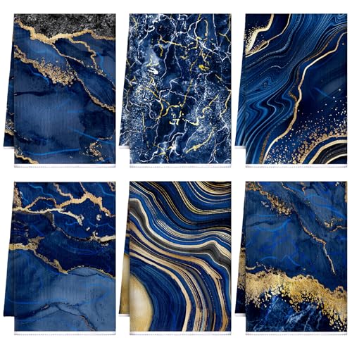 Boyiee 6 Pcs Marble Hand Towels Blue and Gold Kitchen Towels Dish Cloths - color: Blue and Gold Marble