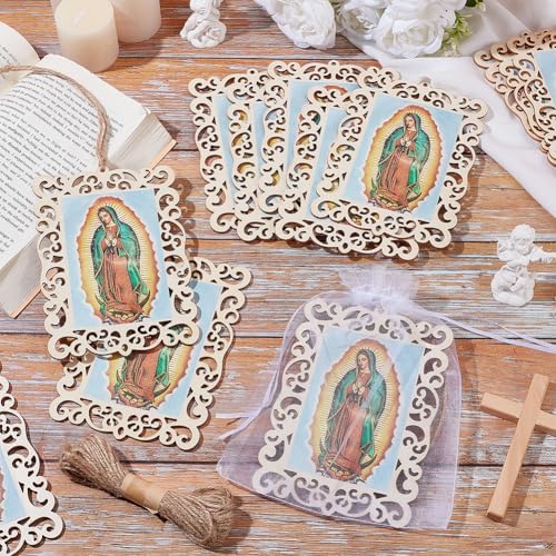 ORIGACH 30 PCS Our Lady of Guadalupe Wooden Picture Frames with Organza Gift Bags & Hemp Rope, Virgen De Guadalupe Picture Frames for First Communion, Christening, Catholic Gifts, Rectangle, 6.7×4.5 Inch