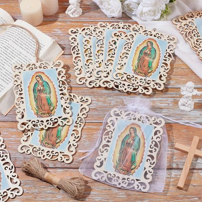 ORIGACH 30 PCS Our Lady of Guadalupe Wooden Picture Frames with Organza Gift Bags & Hemp Rope, Virgen De Guadalupe Picture Frames for First Communion, Christening, Catholic Gifts, Rectangle, 6.7×4.5 Inch