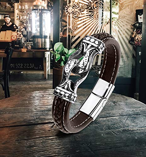 Men's Braided Leather Bracelet Wristband Cuff Bracelet for Men Gifts Stainless Steel Clasp - color: Brown 2