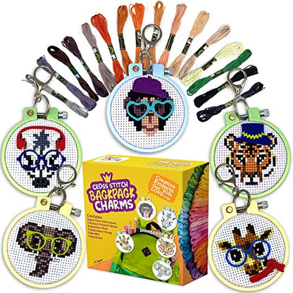 Safari Cross Stitch Kits for Kids - 5 Stamped Beginner Needlepoint Sets - color: Wild Animals