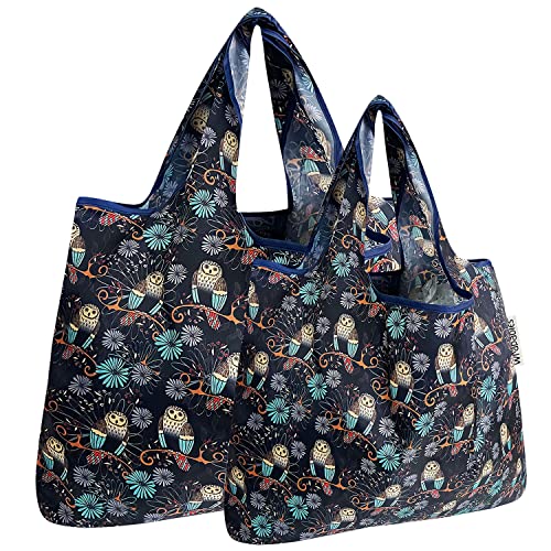 allydrew Large Foldable Tote Nylon Reusable Grocery Bags - color: Set of 2, Deco Owls, size: Large & Small (Set of 2)