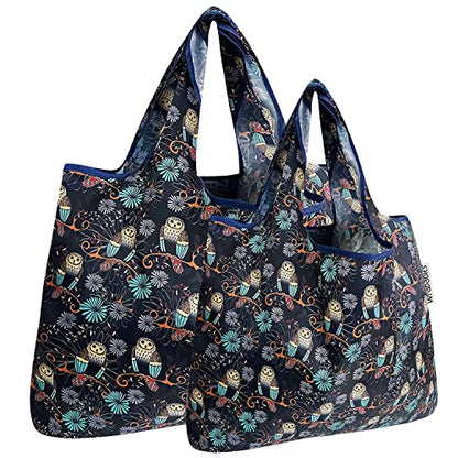 allydrew Large Foldable Tote Nylon Reusable Grocery Bags - color: Set of 2, Deco Owls, size: Large & Small (Set of 2)
