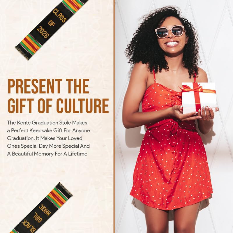 Black Girl Magic Kente Graduation Stole 2026 | Authentic African Art Kente Stole | Bold Patterns and Vibrant Colors 72"x4.5"