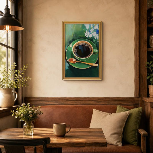 Vintage Green Coffee Cup Wall Art Gold Framed Kitchen Pictures Wall Decor - color: Gold Framed-01, size: 16x24in