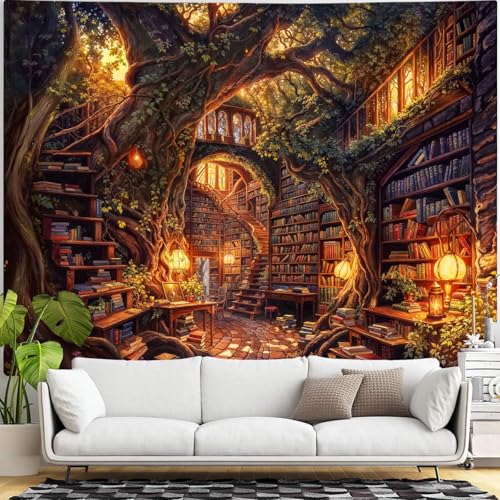Accnicc Forest Library Tapestry Tree Bookshelf Tapestries Wall Hanging Vintage Fantasy Fairy Treehouse Book Extra Large Tapestry for Bedroom Living Room Dorm Classroom 90 x 68 inch - color: Brown Gold, size: 90"L x 68"W
