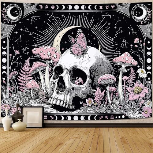 Accnicc Gothic Skull Butterfly Mushroom Tapestry 90 x 68 Inch - color: Pink White, size: 90"L x 68"W