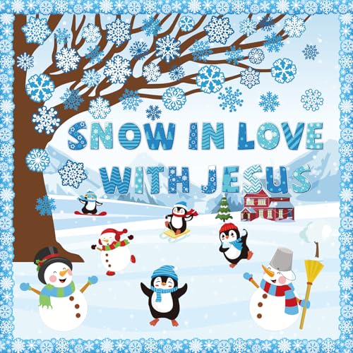 Winter Bulletin Board Decoration Set with Background Paper & Borders Cutouts for Christian Sunday School Classroom Church Decor Christmas Snow in Love with Jesus Bulletin Board Craft Home Wall(Winter) - style: Snow in Love with Jesus