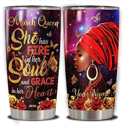 WAZONE Tumbler Personalized Birthday Months Woman Black Women African American Girls Stainless Steel Travel Mug Insulated Cup With Name Butterfly Flower May June August July March Queen - color: Black Women