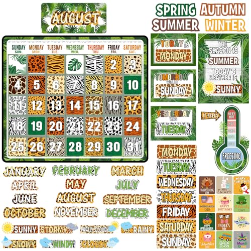 Cholemy 85 Pcs Calendar Bulletin Board Set Classroom Calendar Bulletin Board with Numbers Month Weather Classroom Decorations for Back to School Wall Chalkboard Decor Supplies(Jungle) - style: Jungle