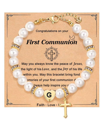 enasal First Communion Gifts for Girls Teens, Initial A-Z Cross Pearl Bracelet for Christian Catholic Daughter Goddaughter - color: Initial-G